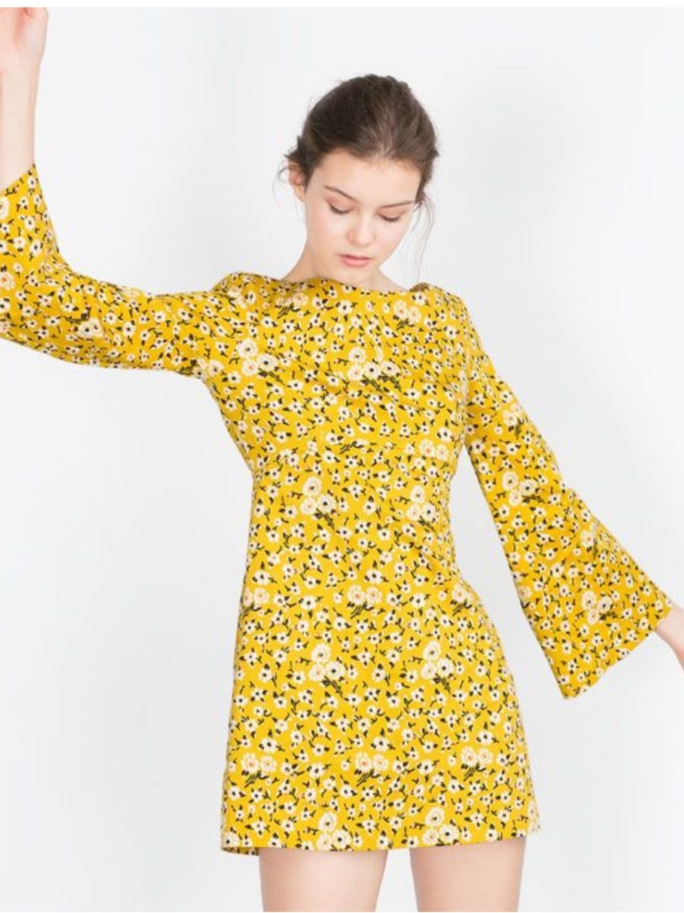 Zara Yellow 60s Style Floral Retro Bell Sleeve Short Dress Bloggers Medium
